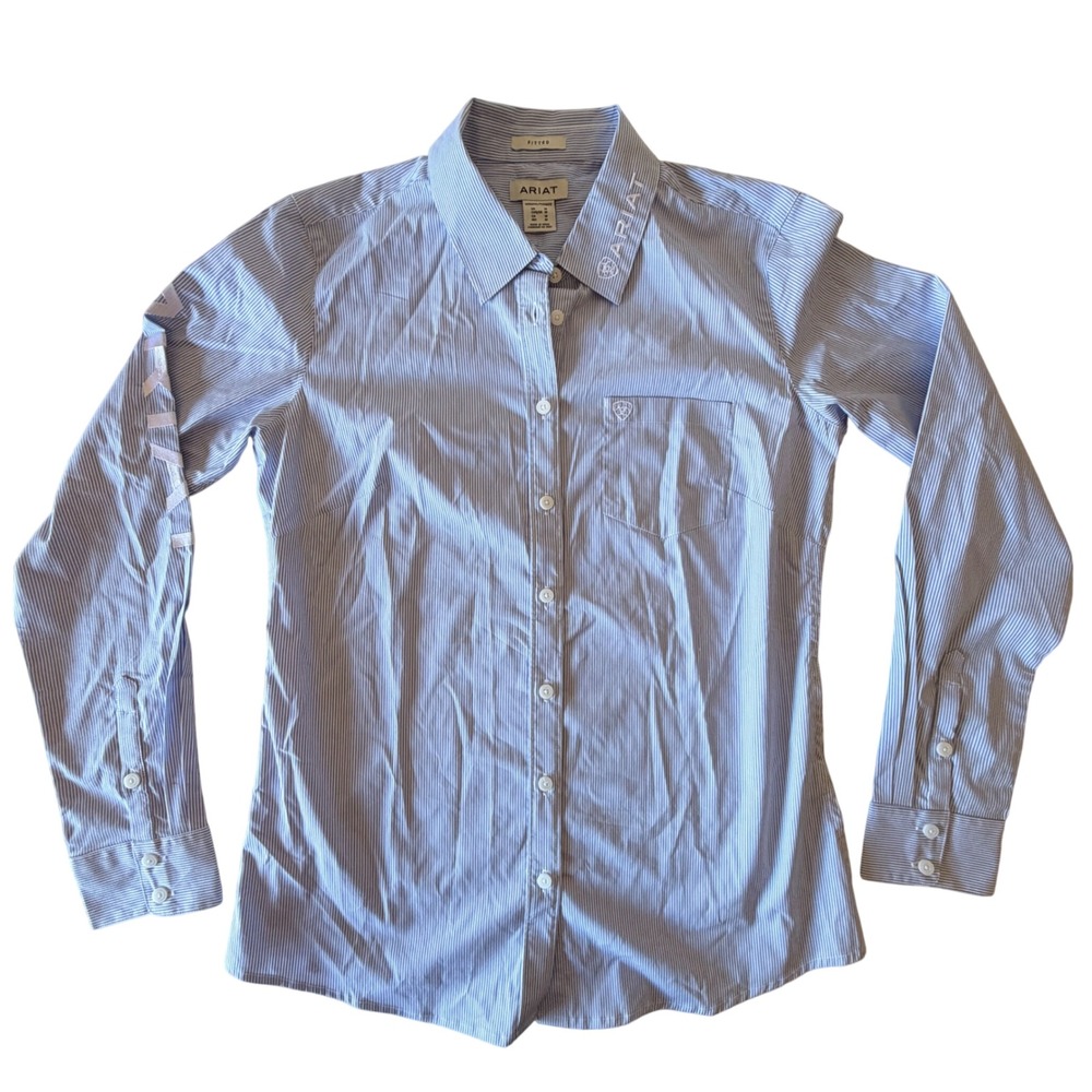 Ariat Womens Blue White Pinstripe Fitted Button Down Shirt Long Sleeve Size M